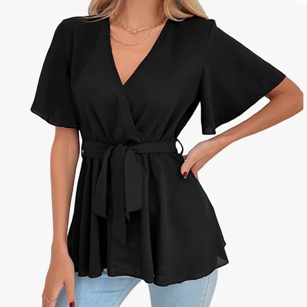 Women's V Neck Belted Short Sleeve Wrap Peplum Blouse Shirt Top LARGE